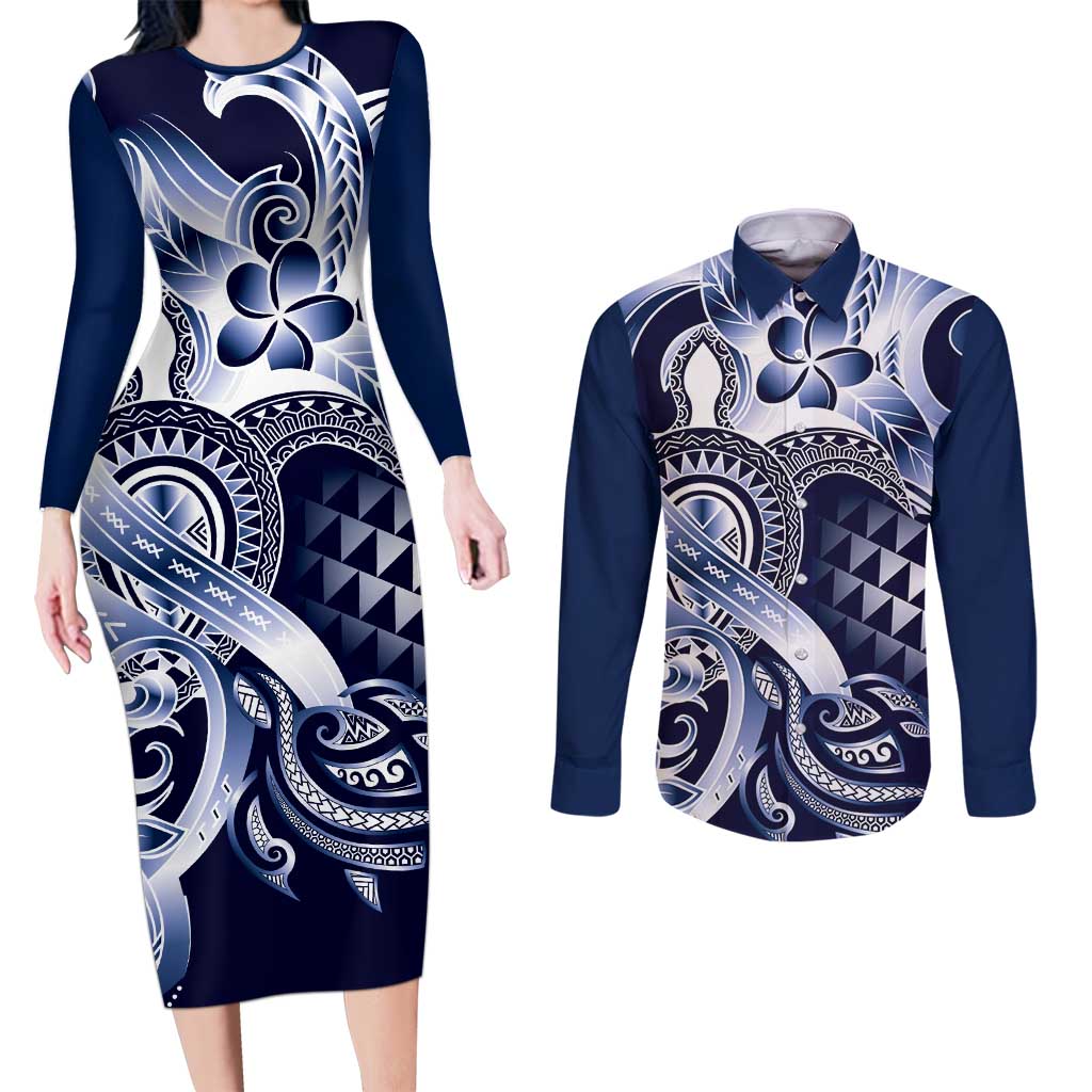 Aloha Blue Tribal Honu Tattoo Couples Matching Long Sleeve Bodycon Dress and Long Sleeve Button Shirt LT9 Blue - Polynesian Pride