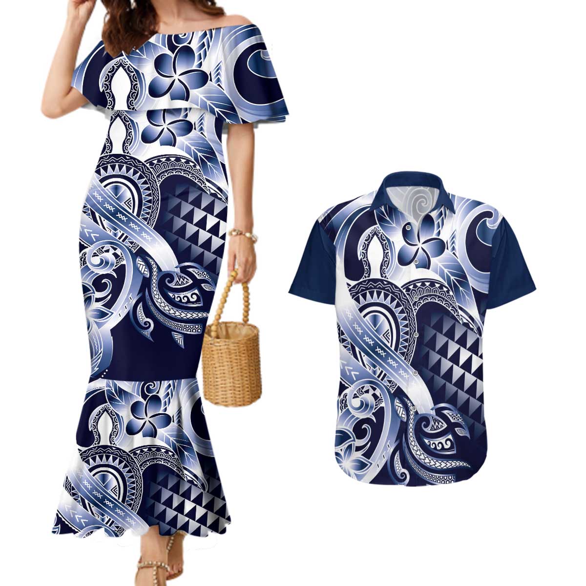 Aloha Blue Tribal Honu Tattoo Couples Matching Mermaid Dress and Hawaiian Shirt LT9 Blue - Polynesian Pride