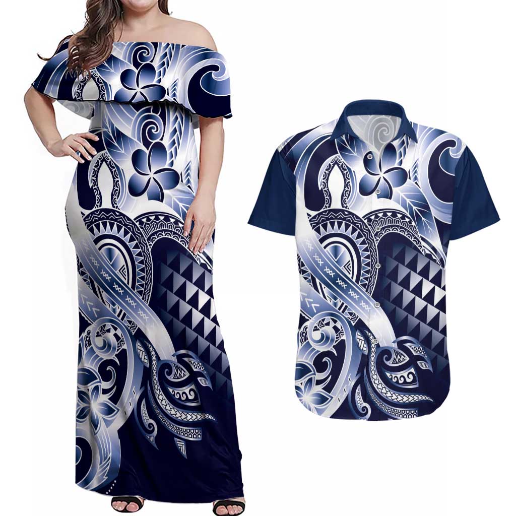 Aloha Blue Tribal Honu Tattoo Couples Matching Off Shoulder Maxi Dress and Hawaiian Shirt LT9 Blue - Polynesian Pride