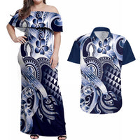 Aloha Blue Tribal Honu Tattoo Couples Matching Off Shoulder Maxi Dress and Hawaiian Shirt LT9 Blue - Polynesian Pride