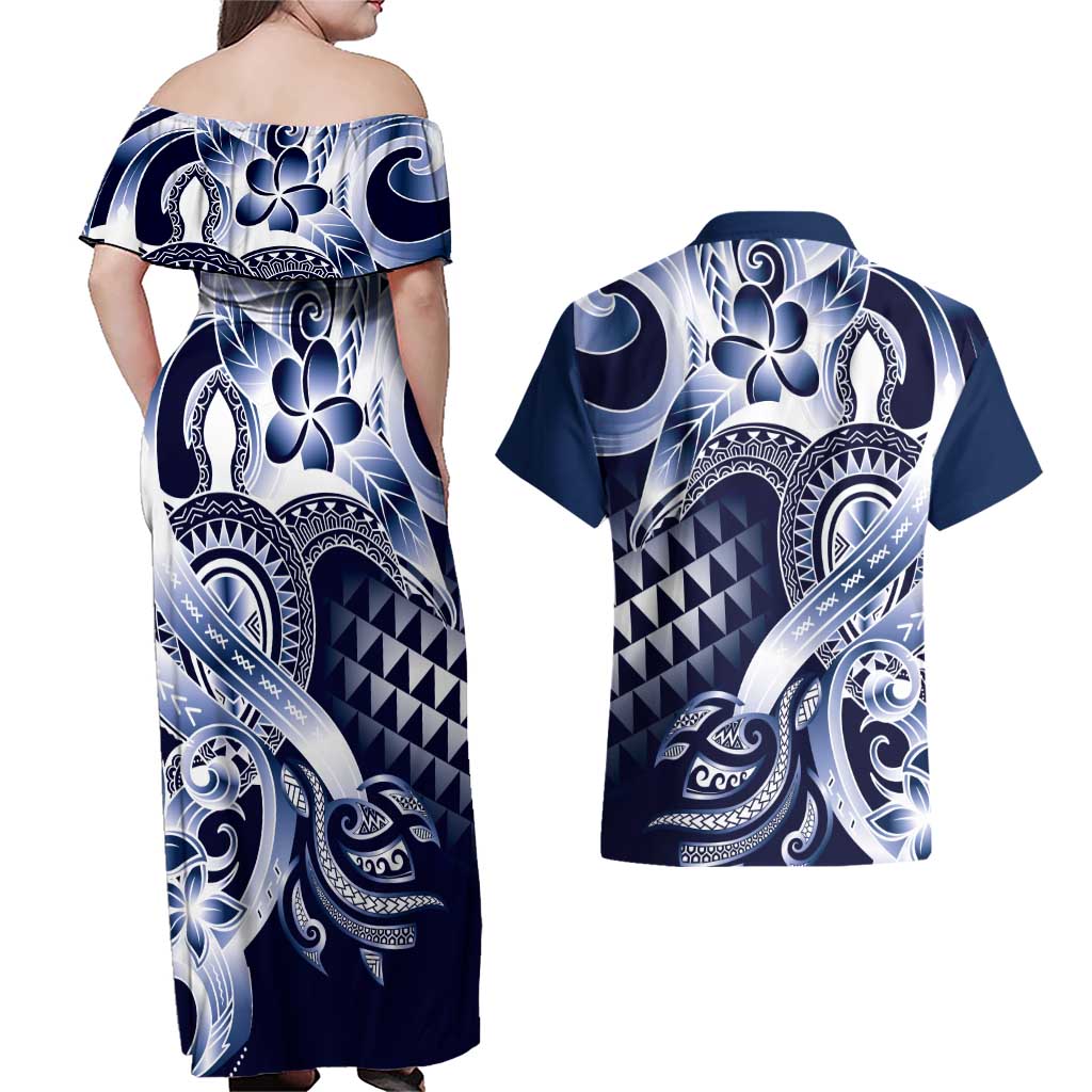 Aloha Blue Tribal Honu Tattoo Couples Matching Off Shoulder Maxi Dress and Hawaiian Shirt LT9 - Polynesian Pride