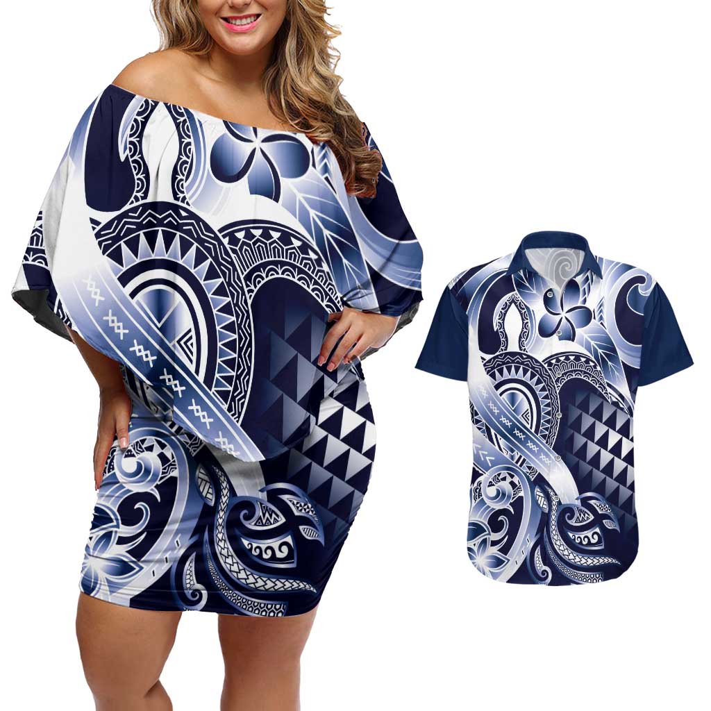 Aloha Blue Tribal Honu Tattoo Couples Matching Off Shoulder Short Dress and Hawaiian Shirt LT9 Blue - Polynesian Pride