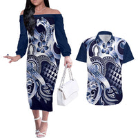 Aloha Blue Tribal Honu Tattoo Couples Matching Off The Shoulder Long Sleeve Dress and Hawaiian Shirt LT9 Blue - Polynesian Pride