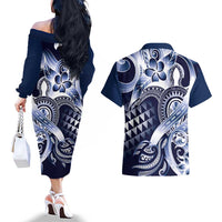 Aloha Blue Tribal Honu Tattoo Couples Matching Off The Shoulder Long Sleeve Dress and Hawaiian Shirt LT9 - Polynesian Pride