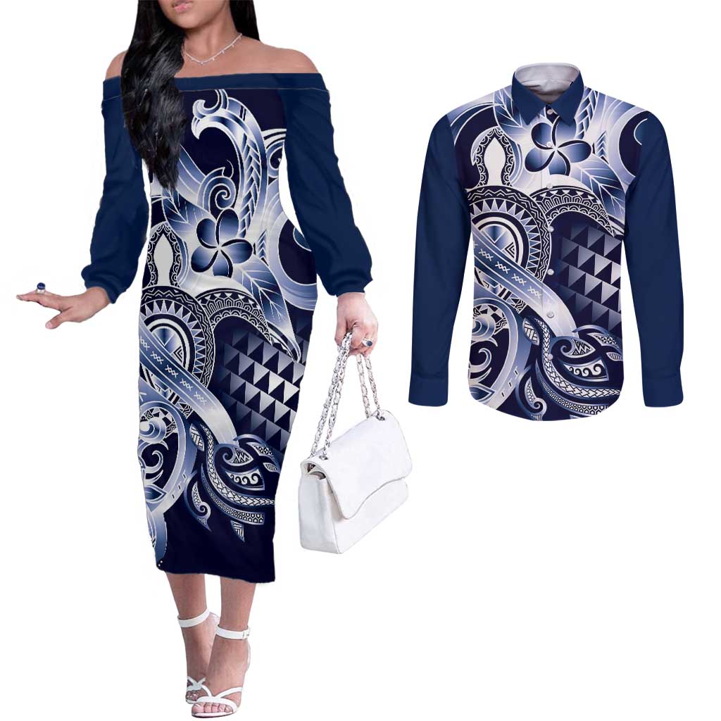 Aloha Blue Tribal Honu Tattoo Couples Matching Off The Shoulder Long Sleeve Dress and Long Sleeve Button Shirt LT9 Blue - Polynesian Pride