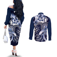 Aloha Blue Tribal Honu Tattoo Couples Matching Off The Shoulder Long Sleeve Dress and Long Sleeve Button Shirt LT9 - Polynesian Pride