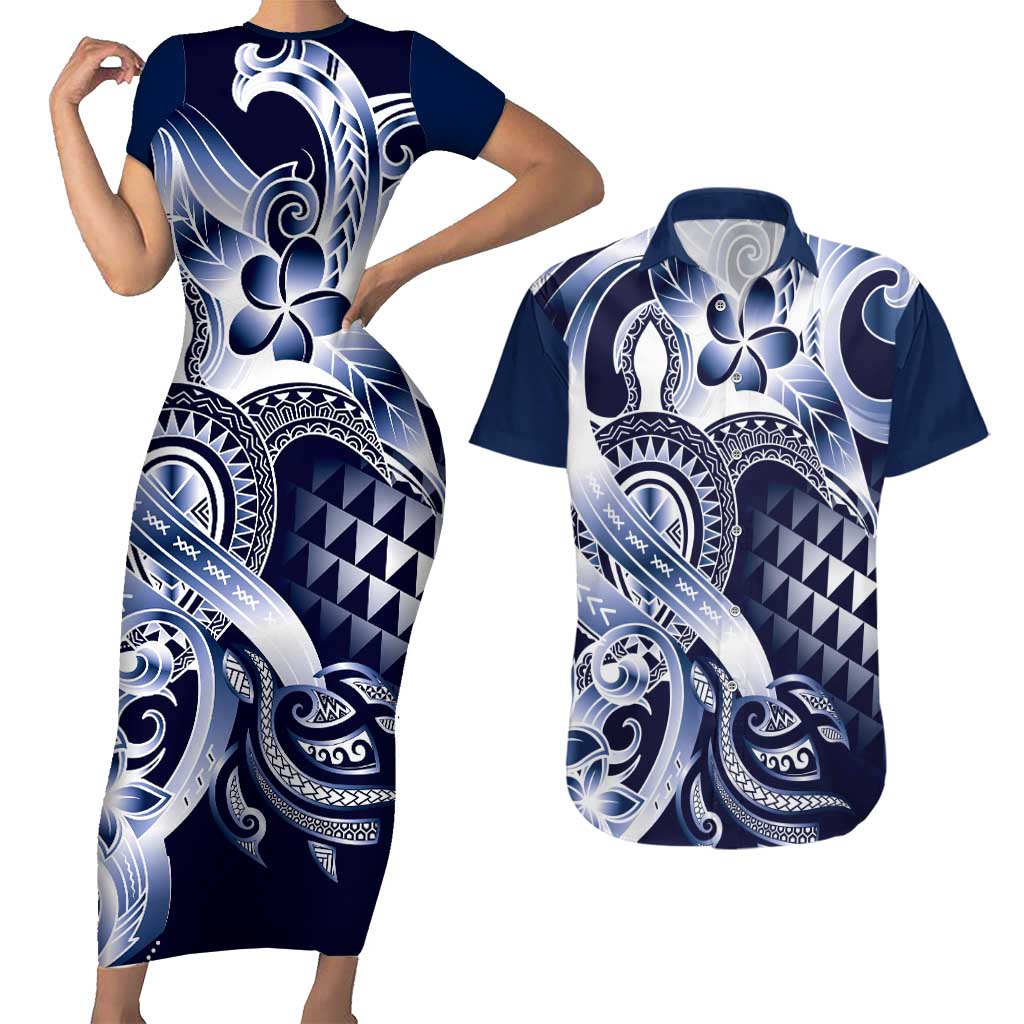 Aloha Blue Tribal Honu Tattoo Couples Matching Short Sleeve Bodycon Dress and Hawaiian Shirt LT9 Blue - Polynesian Pride
