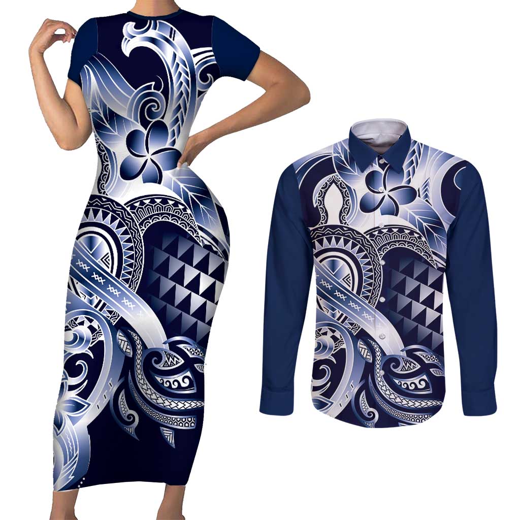 Aloha Blue Tribal Honu Tattoo Couples Matching Short Sleeve Bodycon Dress and Long Sleeve Button Shirt LT9 Blue - Polynesian Pride