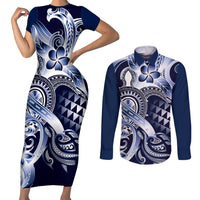 Aloha Blue Tribal Honu Tattoo Couples Matching Short Sleeve Bodycon Dress and Long Sleeve Button Shirt LT9 Blue - Polynesian Pride