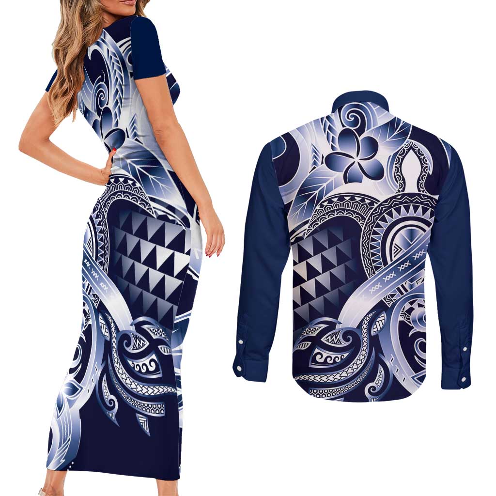 Aloha Blue Tribal Honu Tattoo Couples Matching Short Sleeve Bodycon Dress and Long Sleeve Button Shirt LT9 - Polynesian Pride