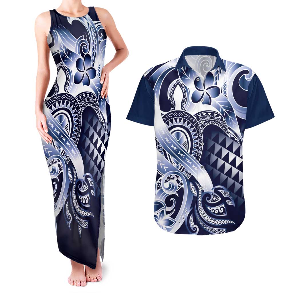 Aloha Blue Tribal Honu Tattoo Couples Matching Tank Maxi Dress and Hawaiian Shirt LT9 Blue - Polynesian Pride