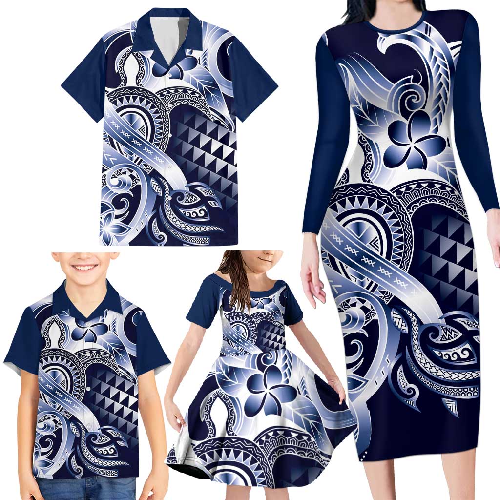 Aloha Blue Tribal Honu Tattoo Family Matching Long Sleeve Bodycon Dress and Hawaiian Shirt LT9 - Polynesian Pride