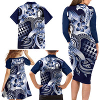 Aloha Blue Tribal Honu Tattoo Family Matching Long Sleeve Bodycon Dress and Hawaiian Shirt LT9 - Polynesian Pride