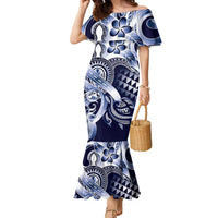 Aloha Blue Tribal Honu Tattoo Family Matching Mermaid Dress and Hawaiian Shirt LT9 Mom's Dress Blue - Polynesian Pride