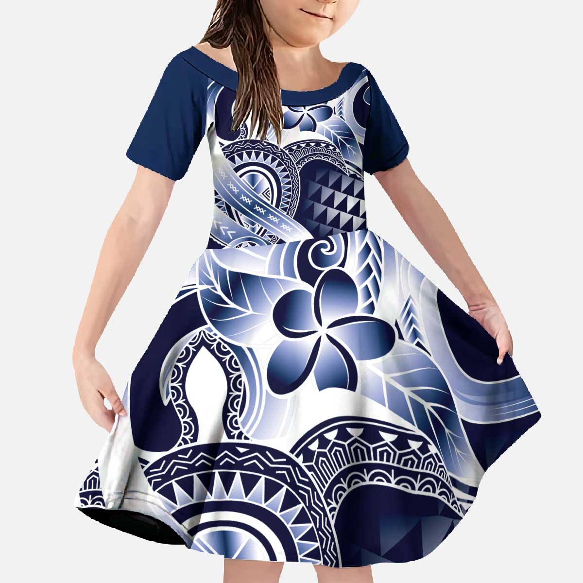 Aloha Blue Tribal Honu Tattoo Family Matching Off The Shoulder Long Sleeve Dress and Hawaiian Shirt LT9 Daughter's Dress Blue - Polynesian Pride