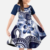 Aloha Blue Tribal Honu Tattoo Family Matching Off The Shoulder Long Sleeve Dress and Hawaiian Shirt LT9 Daughter's Dress Blue - Polynesian Pride