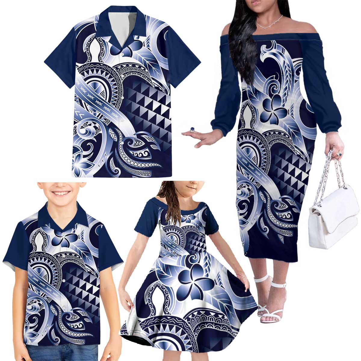 Aloha Blue Tribal Honu Tattoo Family Matching Off The Shoulder Long Sleeve Dress and Hawaiian Shirt LT9 - Polynesian Pride