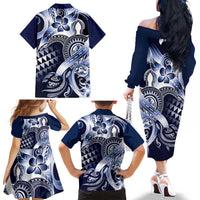 Aloha Blue Tribal Honu Tattoo Family Matching Off The Shoulder Long Sleeve Dress and Hawaiian Shirt LT9 - Polynesian Pride