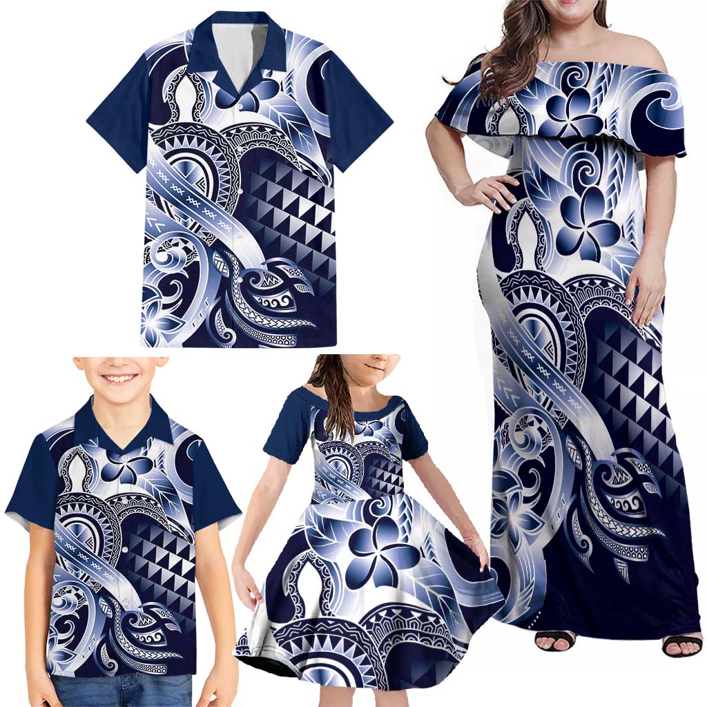 Aloha Blue Tribal Honu Tattoo Family Matching Off Shoulder Maxi Dress and Hawaiian Shirt LT9 - Polynesian Pride