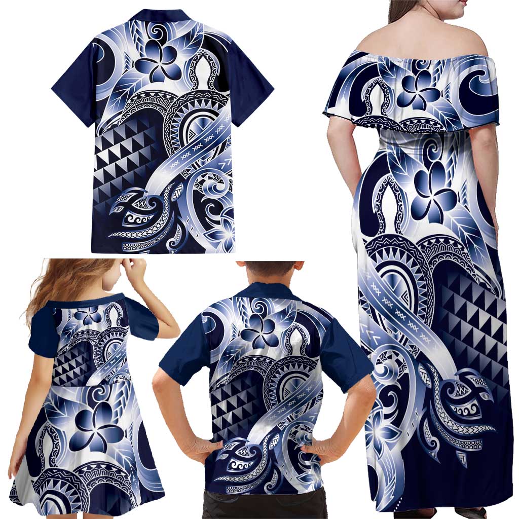 Aloha Blue Tribal Honu Tattoo Family Matching Off Shoulder Maxi Dress and Hawaiian Shirt LT9 - Polynesian Pride