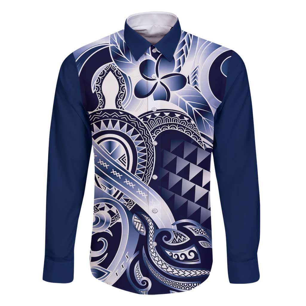 Aloha Blue Tribal Honu Tattoo Family Matching Off Shoulder Maxi Dress and Hawaiian Shirt LT9 Dad's Shirt - Long Sleeve Blue - Polynesian Pride