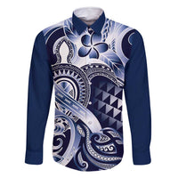 Aloha Blue Tribal Honu Tattoo Family Matching Off Shoulder Maxi Dress and Hawaiian Shirt LT9 Dad's Shirt - Long Sleeve Blue - Polynesian Pride
