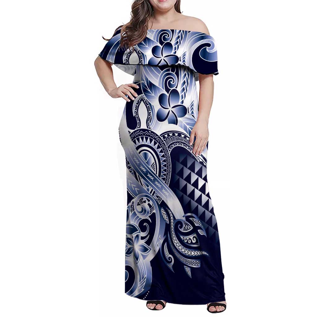 Aloha Blue Tribal Honu Tattoo Family Matching Off Shoulder Maxi Dress and Hawaiian Shirt LT9 Mom's Dress Blue - Polynesian Pride