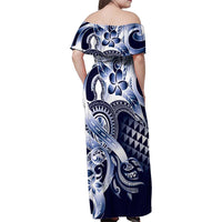 Aloha Blue Tribal Honu Tattoo Family Matching Off Shoulder Maxi Dress and Hawaiian Shirt LT9 - Polynesian Pride