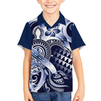 Aloha Blue Tribal Honu Tattoo Family Matching Off Shoulder Maxi Dress and Hawaiian Shirt LT9 Son's Shirt Blue - Polynesian Pride