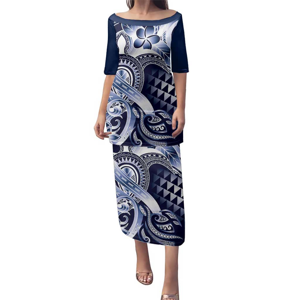 Aloha Blue Tribal Honu Tattoo Family Matching Puletasi and Hawaiian Shirt LT9 Mom's Dress Blue - Polynesian Pride