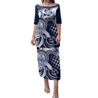 Aloha Blue Tribal Honu Tattoo Family Matching Puletasi and Hawaiian Shirt LT9 Mom's Dress Blue - Polynesian Pride