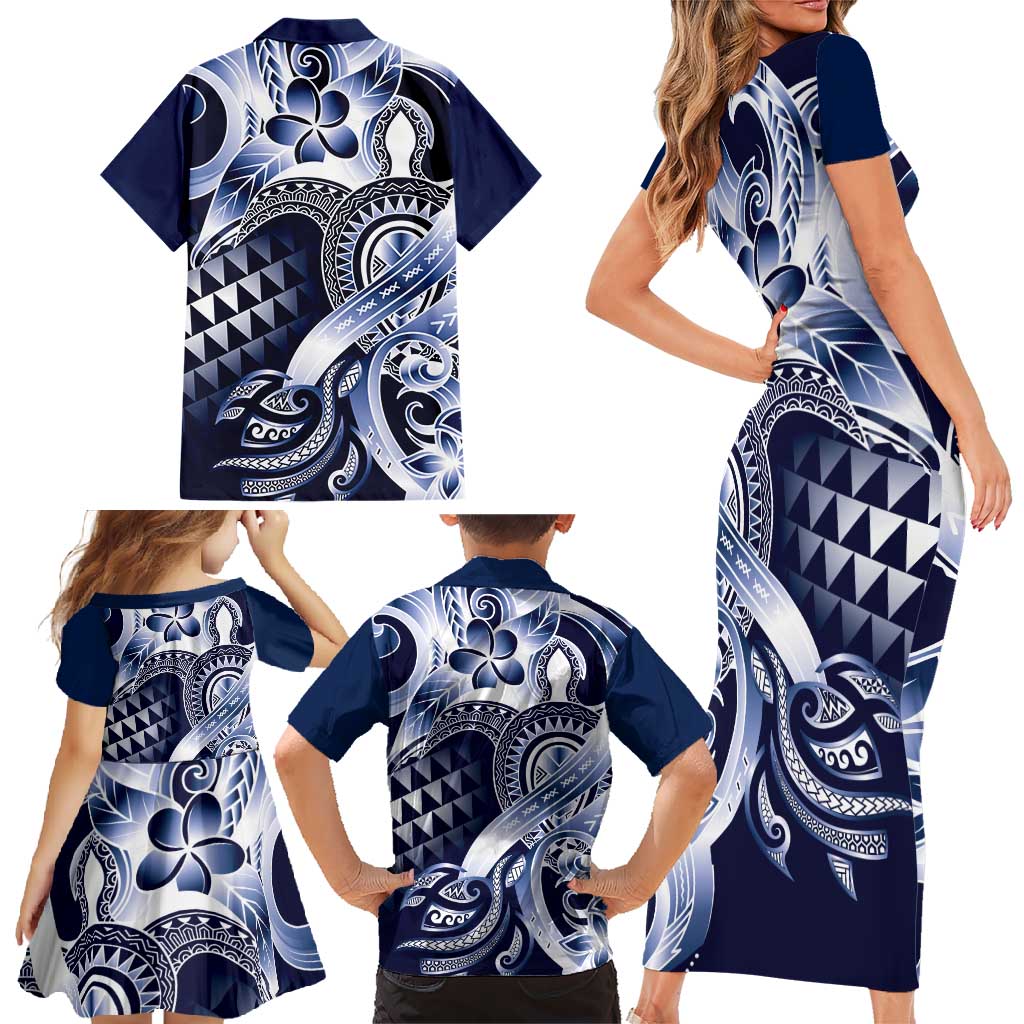 Aloha Blue Tribal Honu Tattoo Family Matching Short Sleeve Bodycon Dress and Hawaiian Shirt LT9 - Polynesian Pride