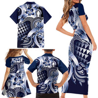 Aloha Blue Tribal Honu Tattoo Family Matching Short Sleeve Bodycon Dress and Hawaiian Shirt LT9 - Polynesian Pride