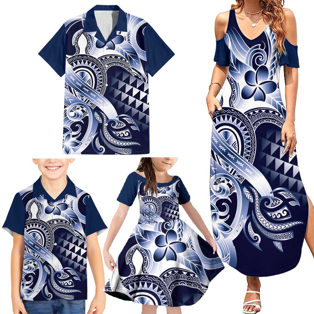 Aloha Blue Tribal Honu Tattoo Family Matching Summer Maxi Dress and Hawaiian Shirt LT9 - Polynesian Pride