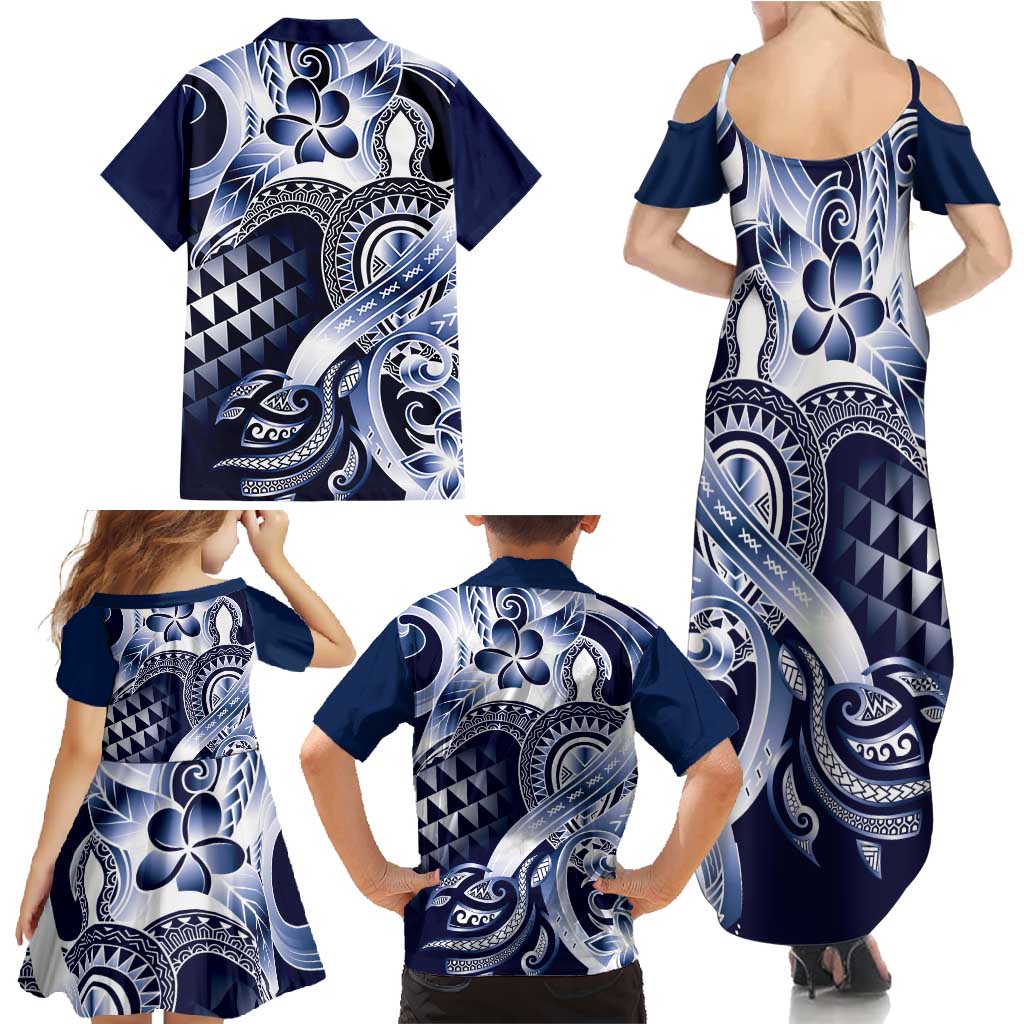 Aloha Blue Tribal Honu Tattoo Family Matching Summer Maxi Dress and Hawaiian Shirt LT9 - Polynesian Pride