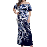 Aloha Blue Tribal Honu Tattoo Off Shoulder Maxi Dress LT9 Women Blue - Polynesian Pride