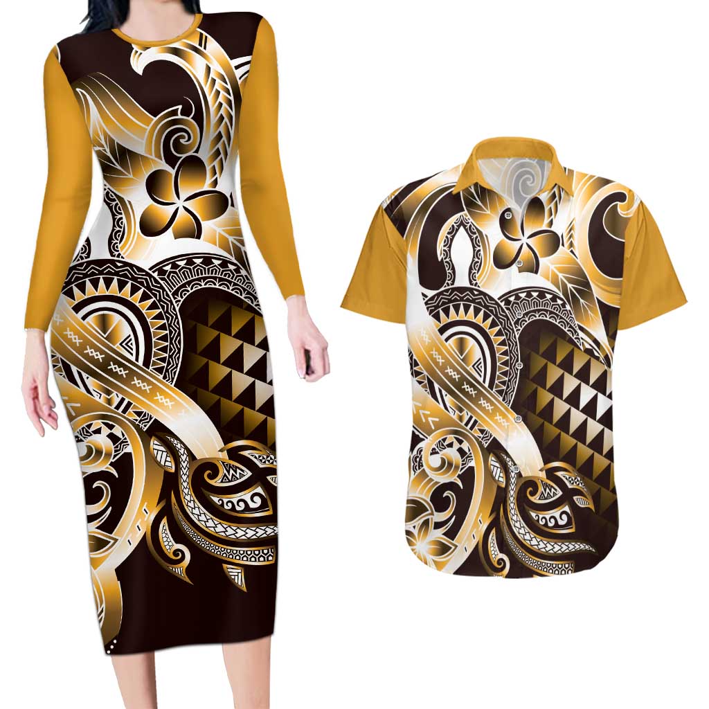 Aloha Gold Tribal Honu Tattoo Couples Matching Long Sleeve Bodycon Dress and Hawaiian Shirt LT9 Gold - Polynesian Pride