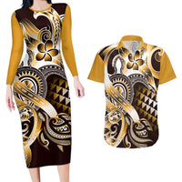 Aloha Gold Tribal Honu Tattoo Couples Matching Long Sleeve Bodycon Dress and Hawaiian Shirt LT9 Gold - Polynesian Pride