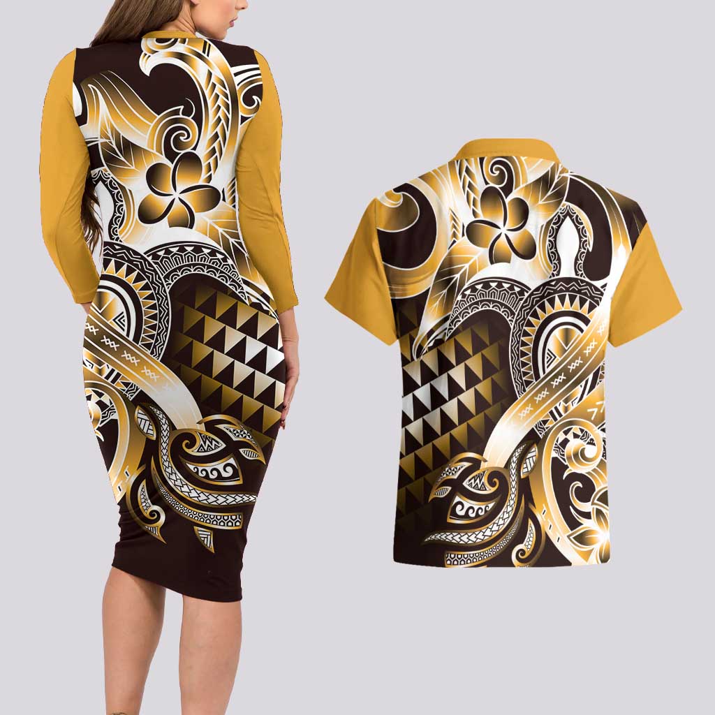 Aloha Gold Tribal Honu Tattoo Couples Matching Long Sleeve Bodycon Dress and Hawaiian Shirt LT9 - Polynesian Pride