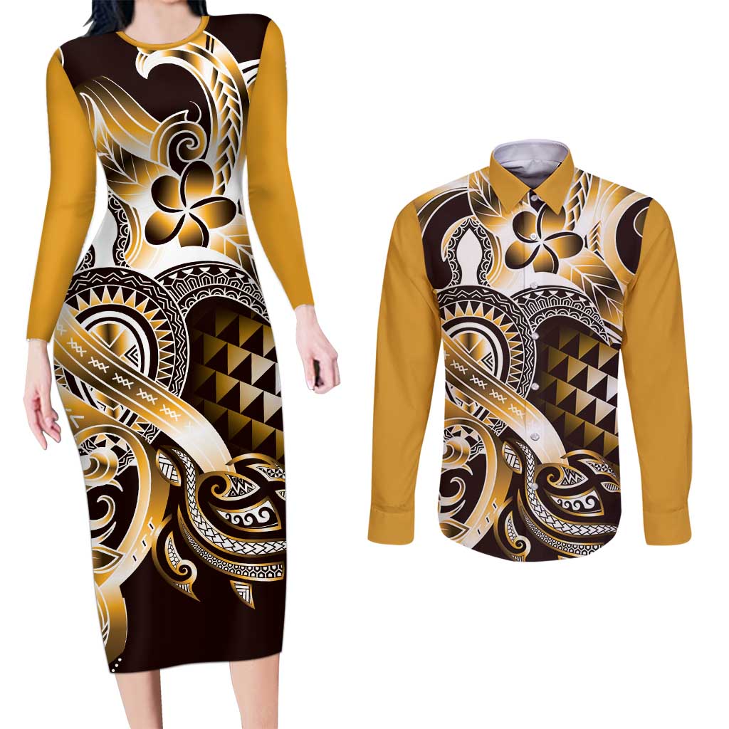 Aloha Gold Tribal Honu Tattoo Couples Matching Long Sleeve Bodycon Dress and Long Sleeve Button Shirt LT9 Gold - Polynesian Pride