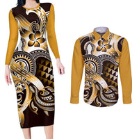 Aloha Gold Tribal Honu Tattoo Couples Matching Long Sleeve Bodycon Dress and Long Sleeve Button Shirt LT9 Gold - Polynesian Pride