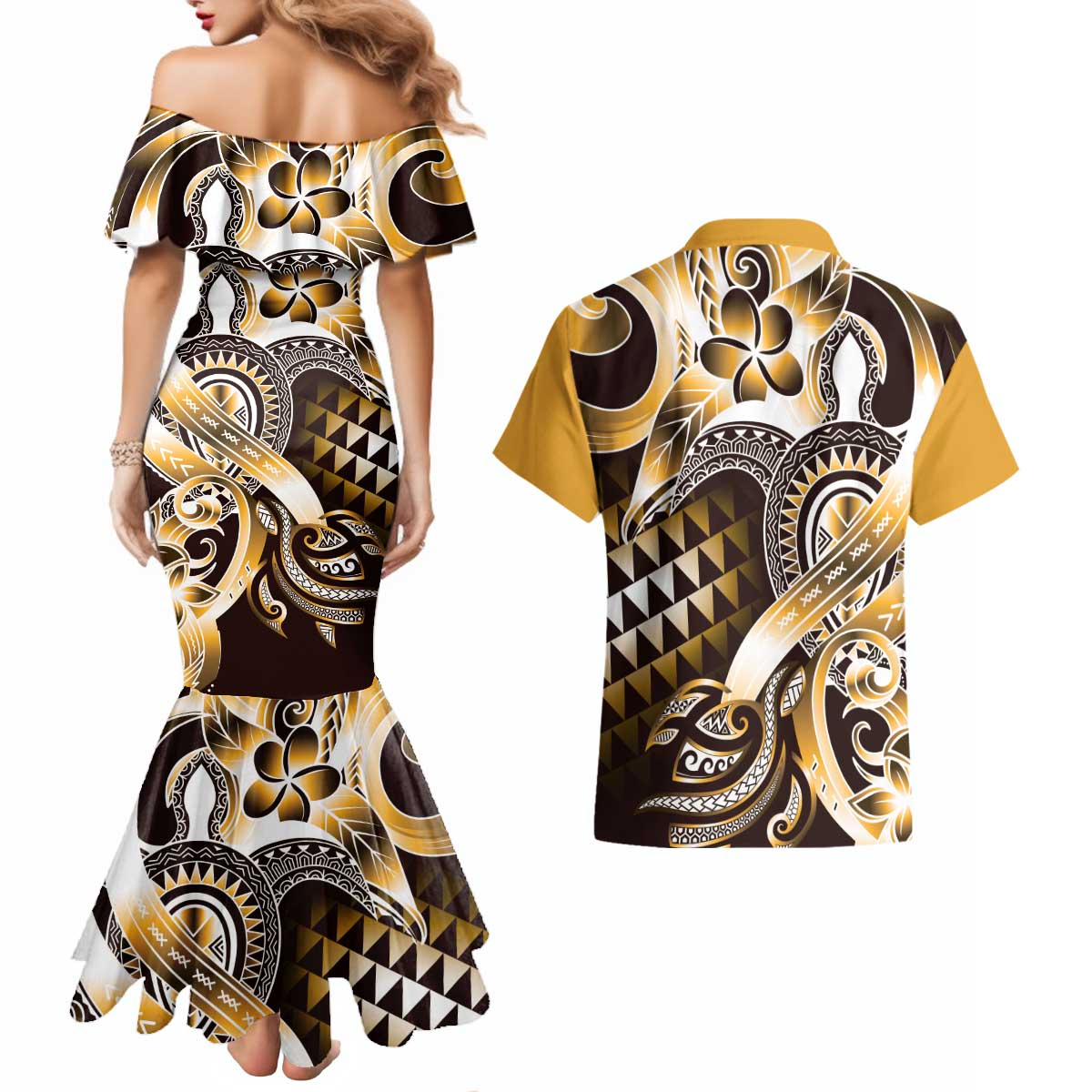 Aloha Gold Tribal Honu Tattoo Couples Matching Mermaid Dress and Hawaiian Shirt LT9 - Polynesian Pride