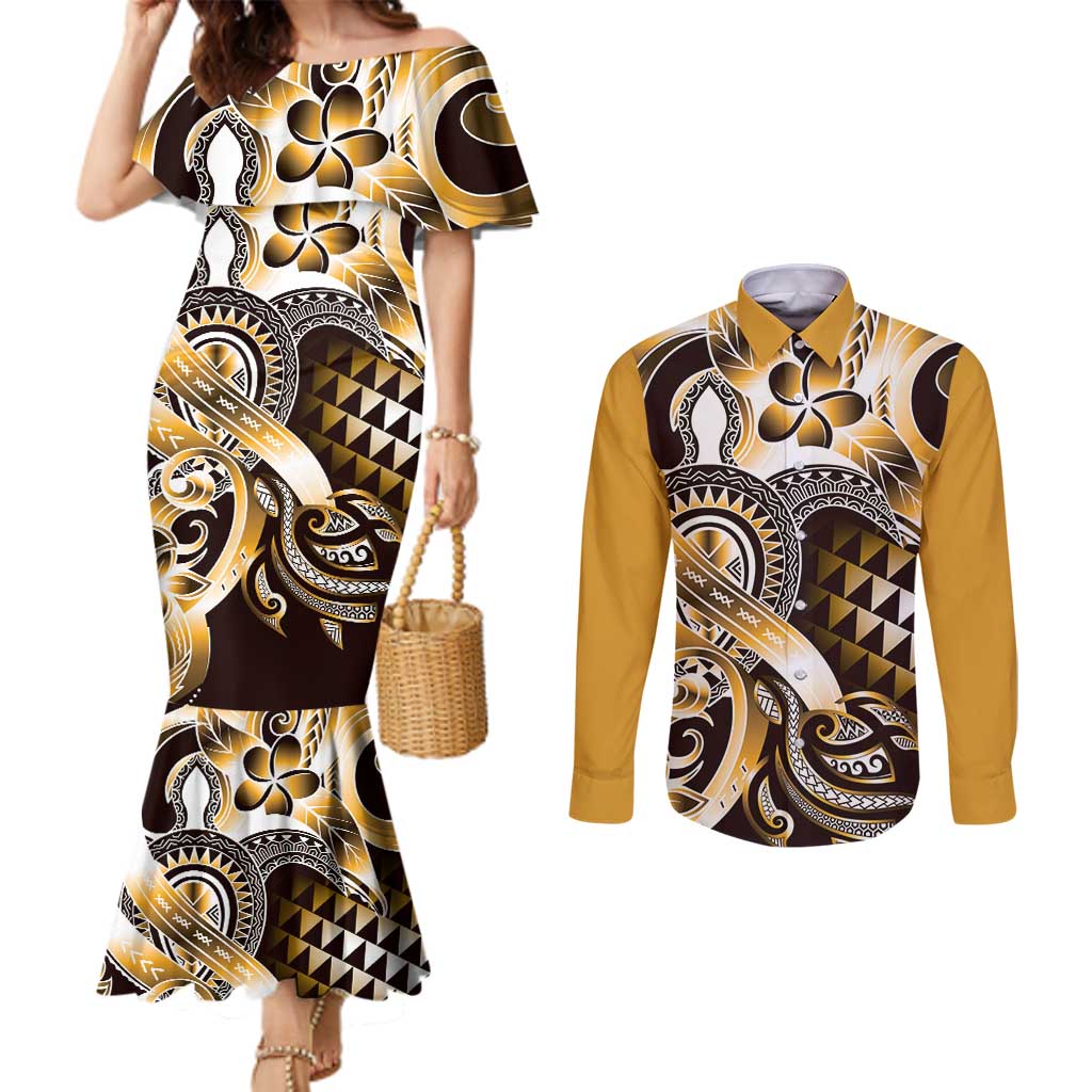 Aloha Gold Tribal Honu Tattoo Couples Matching Mermaid Dress and Long Sleeve Button Shirt LT9 Gold - Polynesian Pride
