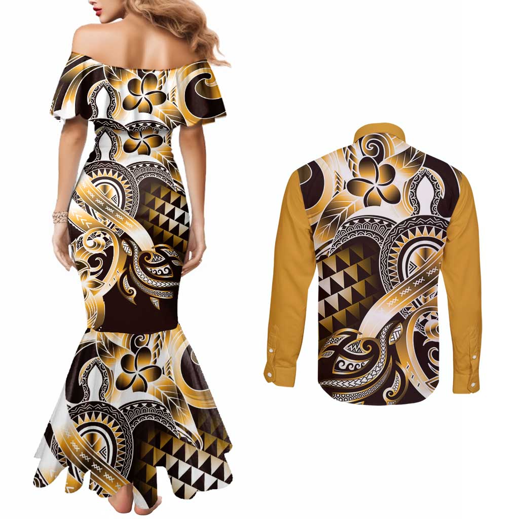 Aloha Gold Tribal Honu Tattoo Couples Matching Mermaid Dress and Long Sleeve Button Shirt LT9 - Polynesian Pride