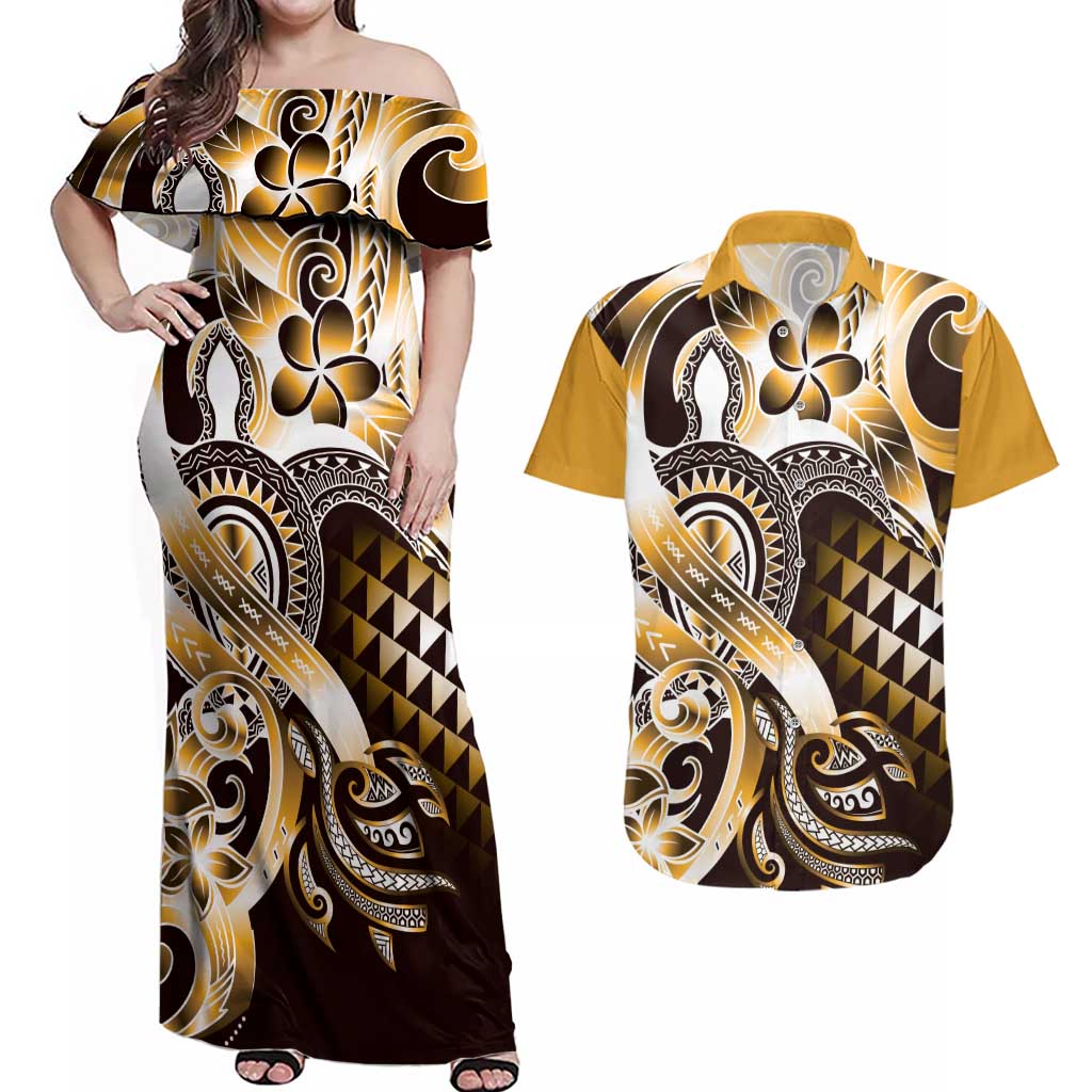 Aloha Gold Tribal Honu Tattoo Couples Matching Off Shoulder Maxi Dress and Hawaiian Shirt LT9 Gold - Polynesian Pride