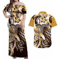 Aloha Gold Tribal Honu Tattoo Couples Matching Off Shoulder Maxi Dress and Hawaiian Shirt LT9 Gold - Polynesian Pride