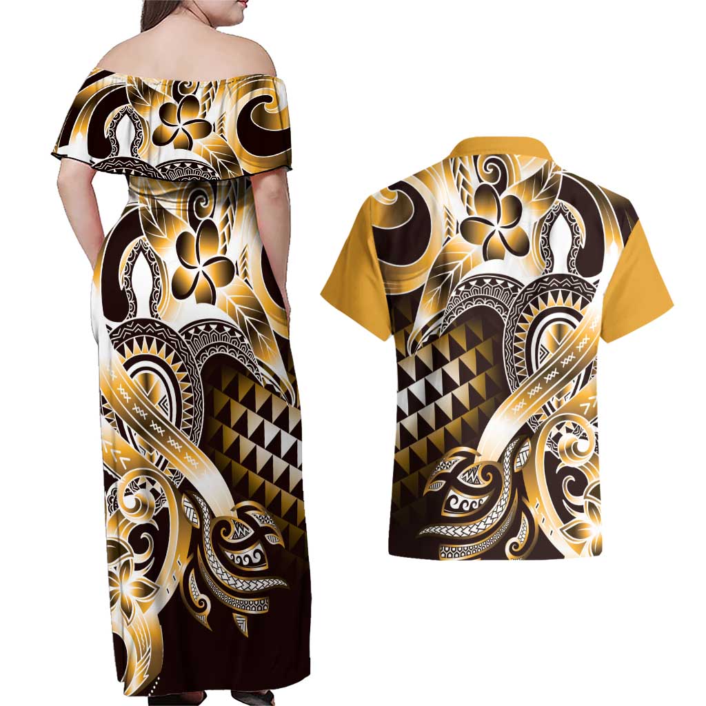 Aloha Gold Tribal Honu Tattoo Couples Matching Off Shoulder Maxi Dress and Hawaiian Shirt LT9 - Polynesian Pride