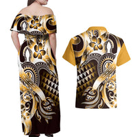 Aloha Gold Tribal Honu Tattoo Couples Matching Off Shoulder Maxi Dress and Hawaiian Shirt LT9 - Polynesian Pride