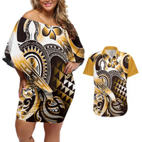 Aloha Gold Tribal Honu Tattoo Couples Matching Off Shoulder Short Dress and Hawaiian Shirt LT9 Gold - Polynesian Pride