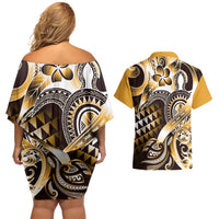 Aloha Gold Tribal Honu Tattoo Couples Matching Off Shoulder Short Dress and Hawaiian Shirt LT9 - Polynesian Pride
